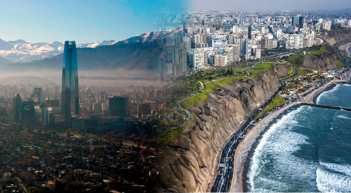 Santiago, Chile, with the snow-capped Andes behind it, blending into the cliffs and coastline of Lima, Peru.